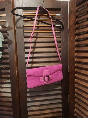 Via Spiga Fuchsia Suede Buckle Crossbody Clutch
